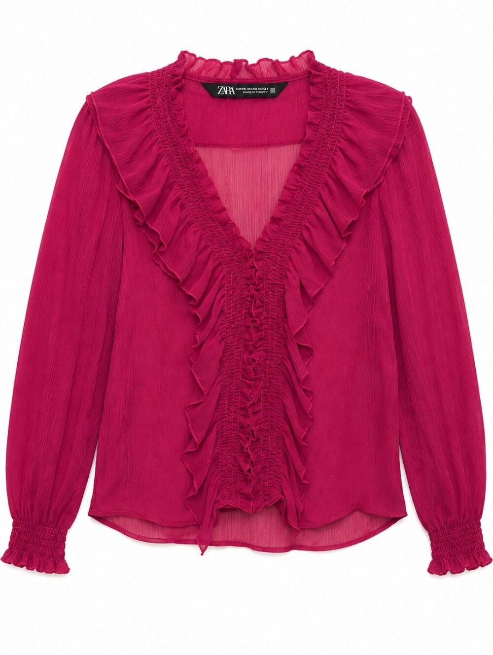 Zara Magenta Sheer Ruffled V-Neck Blouse